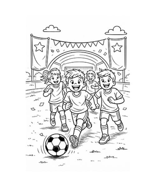 Ausmalbild Fussball Team am Ball