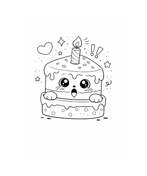 Ausmalbild Geburtstagstorte Kawaii guckt erstaunt