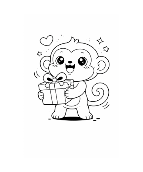 Ausmalbild Affe mit Geschenk