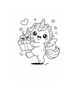 Ausmalbild Einhorn mit Geschenk