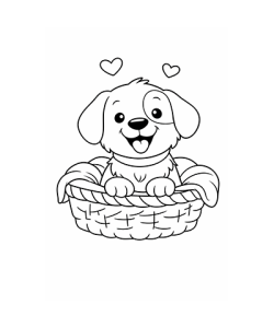 Ausmalbild süßer Hund im Hundekorb