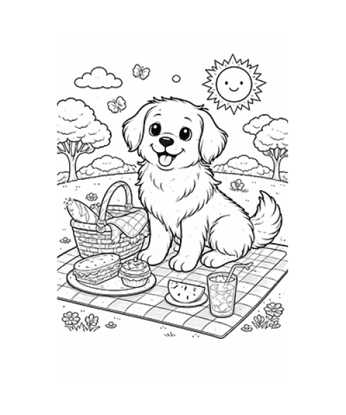 Ausmalbild Hund beim picknicken 073