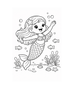 Ausmalbild Meerjungfrau mit Fischen