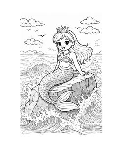 Ausmalbild Meerjungfrau sitzt auf Felsen