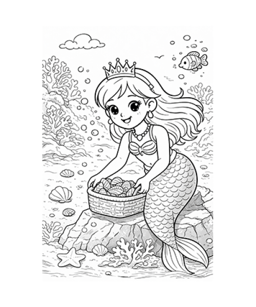 Ausmalbild Meerjungfrau sammelt Muscheln