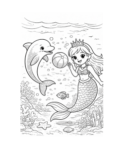 Ausmalbild Meerjungfrau spielt mit Delfin