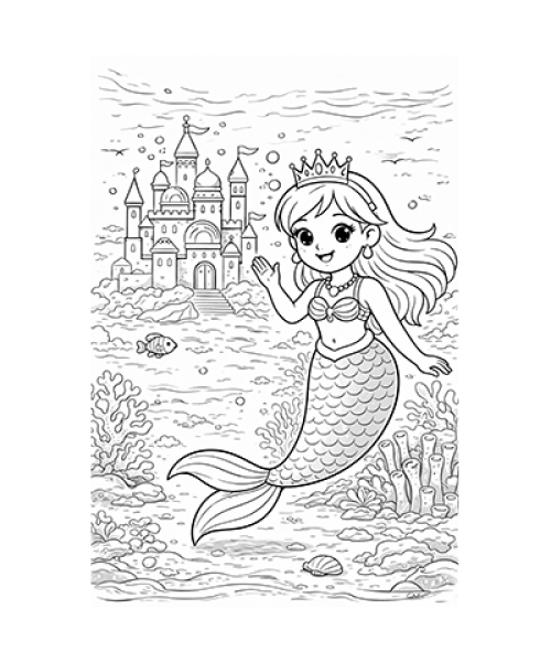 Ausmalbild Meerjungfrau vor Schloss