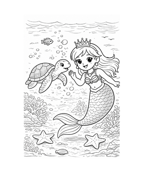 Ausmalbild Meerjungfrau mit Schildkröte