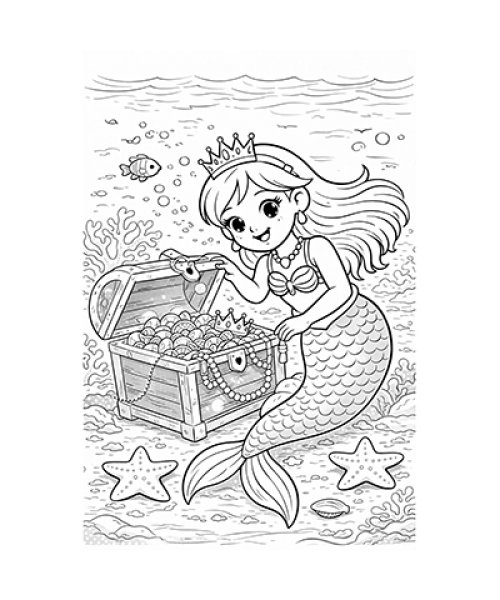 Ausmalbild Meerjungfrau mit Schatz