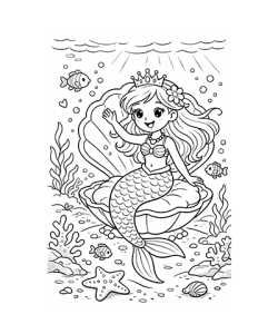 Ausmalbild Meerjungfrau in großer Muschel