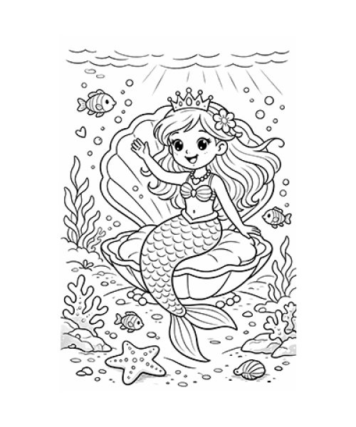 Ausmalbild Meerjungfrau in großer Muschel