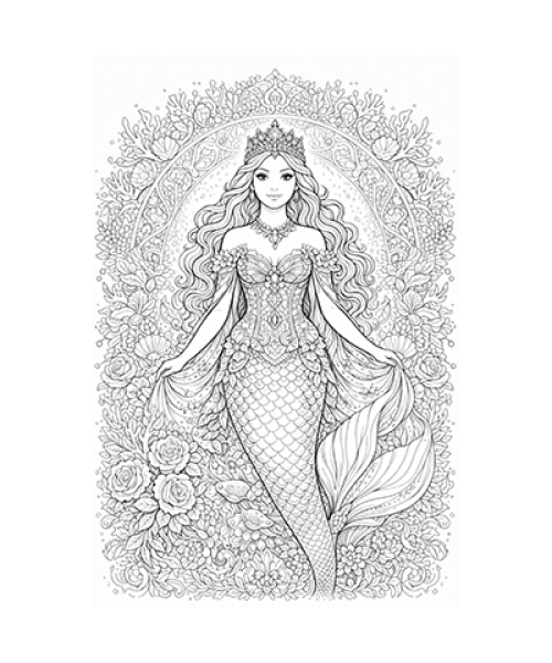 Ausmalbild Meerjungfrau vor Blumenbogen