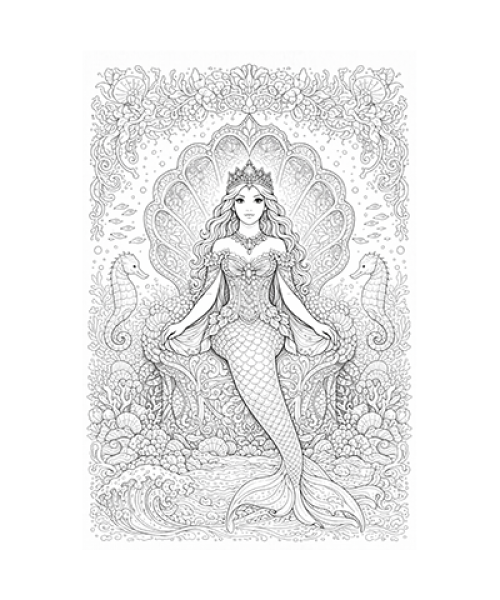 Ausmalbild Meerjungfrau auf Thron