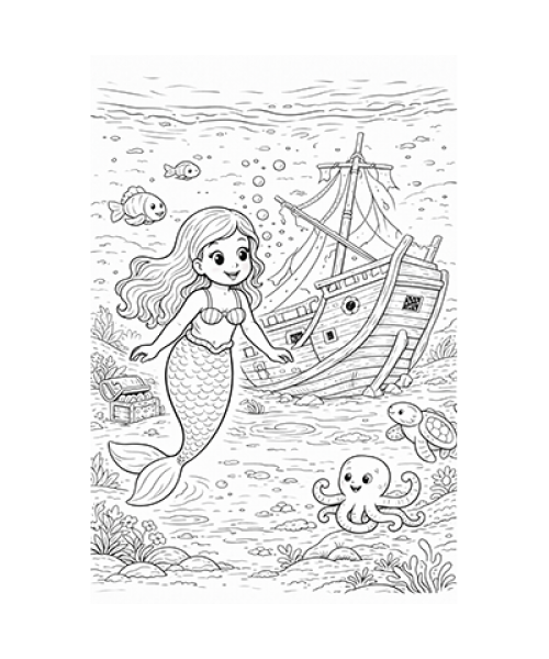 Ausmalbild Meerjungfrau vor Schiffswrack