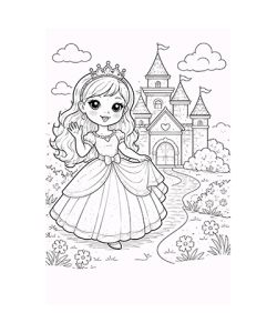 Ausmalbild Prinzessin vor Schloss