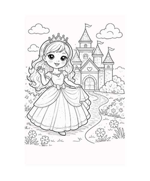 Ausmalbild Prinzessin vor Schloss