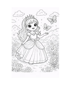 Ausmalbild Prinzessin im Garten mit Schmetterlingen