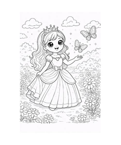 Ausmalbild Prinzessin im Garten mit Schmetterlingen