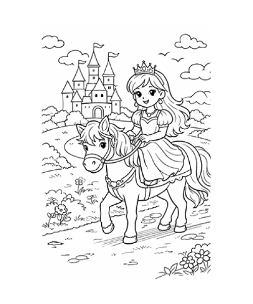 Ausmalbild Prinzessin reitet vor Schloss