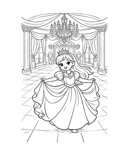 Ausmalbild Prinzessin im eleganten Kleid