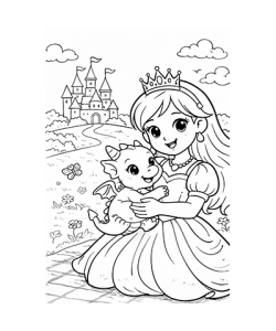 Ausmalbild Prinzessin mit Babydrache