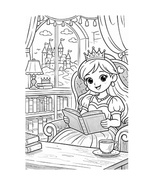 Ausmalbild Prinzessin liest Buch