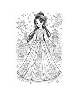 Ausmalbild asiatische Prinzessin