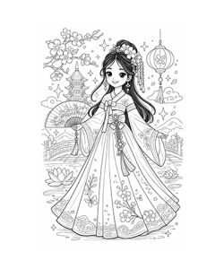 Ausmalbild asiatische Prinzessin 2