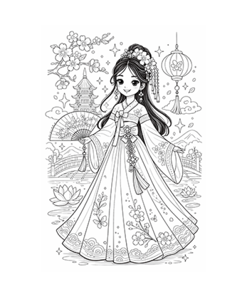 Ausmalbild asiatische Prinzessin 2