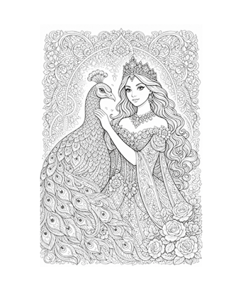 Ausmalbild Prinzessin mit Pfau