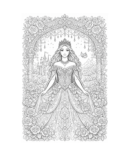 Ausmalbild Prinzessin vor Blumenbogen