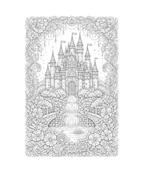 Ausmalbild Schloß Blumenrahmen