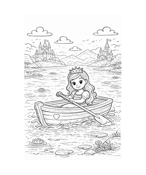 Ausmalbild Prinzessin im Ruderboot