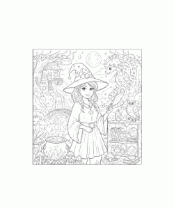 Ausmalbild junge Hexe am zaubern
