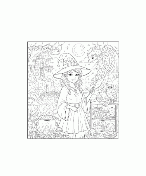 Ausmalbild junge Hexe am zaubern