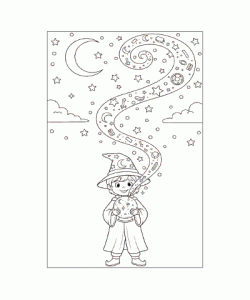 Ausmalbild junger Magier mit Zauberkugel