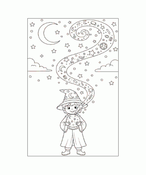 Ausmalbild junger Magier mit Zauberkugel