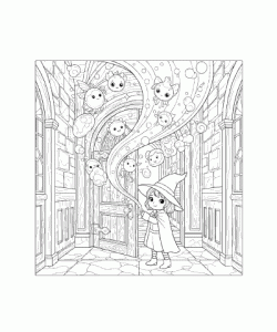 Ausmalbild junge Zauberin im Schloss