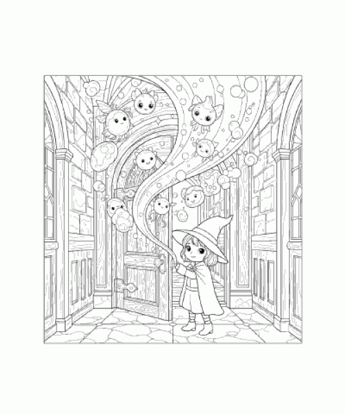 Ausmalbild junge Zauberin im Schloss