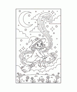Ausmalbild junge Hexe auf Besen