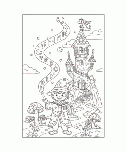 Ausmalbild junger Zauberer vor Schloss