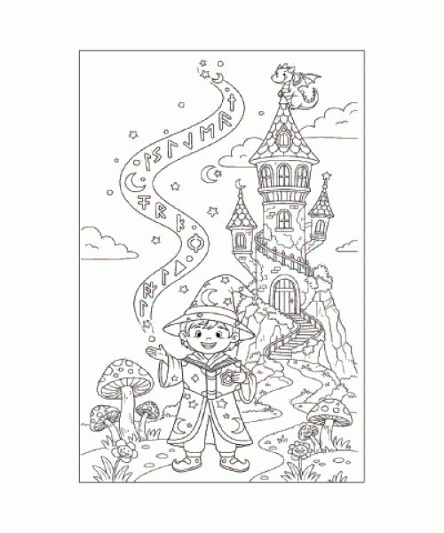 Ausmalbild junger Zauberer vor Schloss