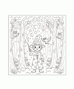 Ausmalbild junger Zauberer im Wald