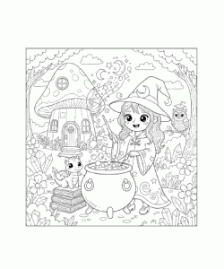 Ausmalbild junge Zauberin mit Hexenkessel