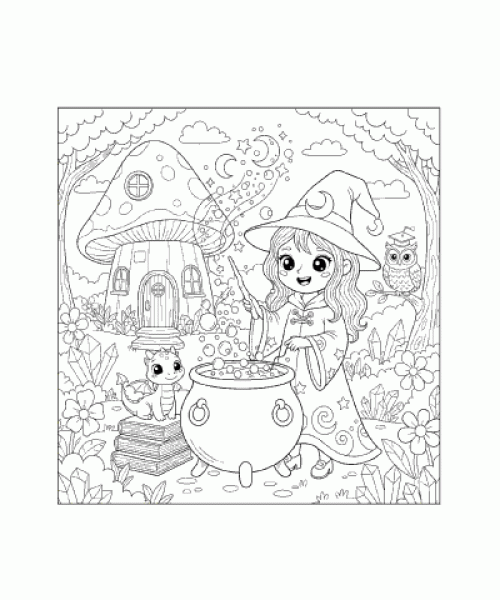 Ausmalbild junge Zauberin mit Hexenkessel