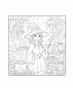 Ausmalbild Zauberin mit Hexenkessel
