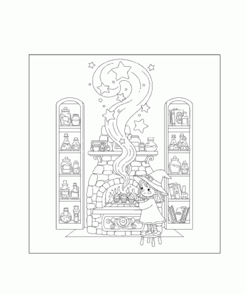 Ausmalbild Hexe vor Kamin