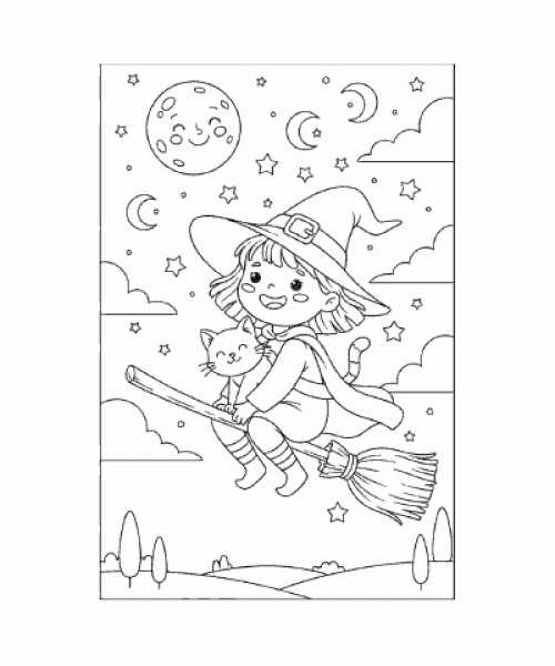 Ausmalbild Hexe mit Katze am fliegen