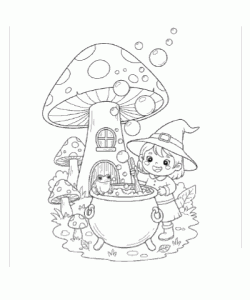 Ausmalbild Hexe am Hexenkessel vor Pilzhaus
