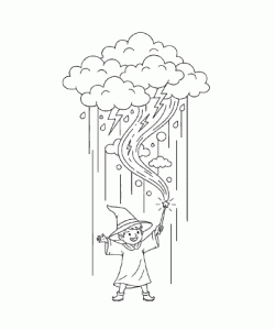 Ausmalbild junger Zauberer erzeugt Sturm